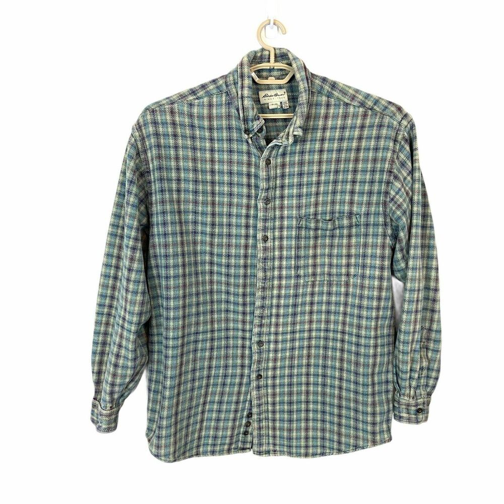 Eddie Bauer Shirt Vintage Men's Green Purple Plaid Cotton Button Down Size XL